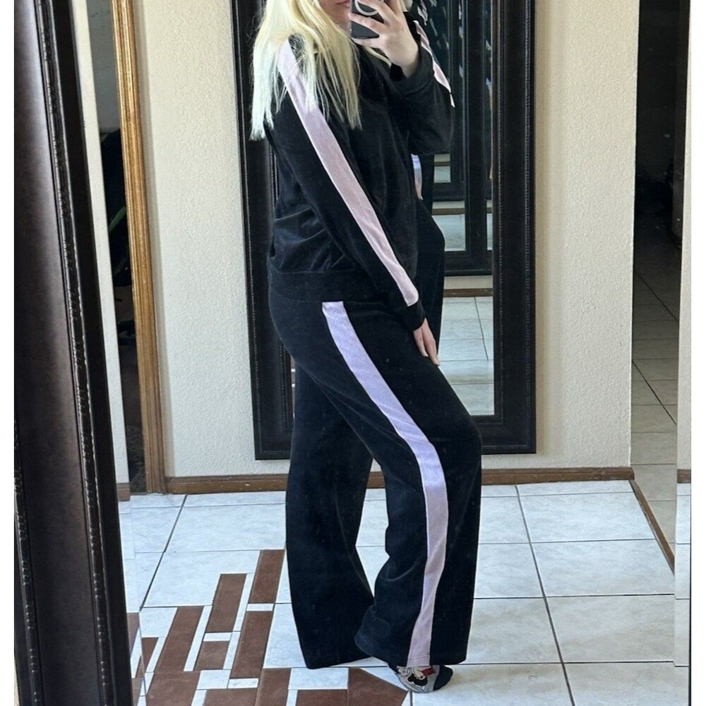 VTG 90s/00s York Laundry Women's Velour Tracksuit Size L/XL Black Pink Stripe